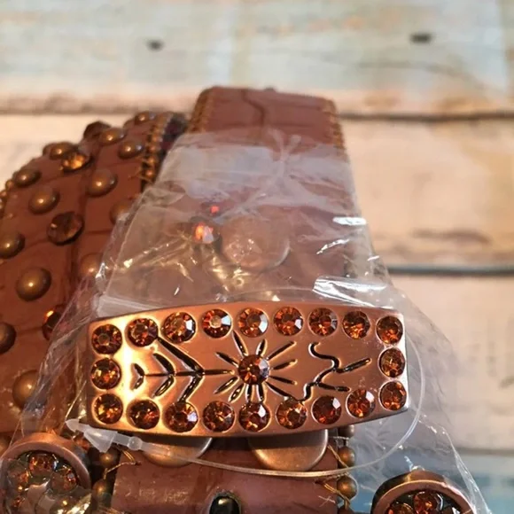 Womens Western Leather Belt Buckle Studded Cowgirl Brown Size Large - Picture 4 of 12